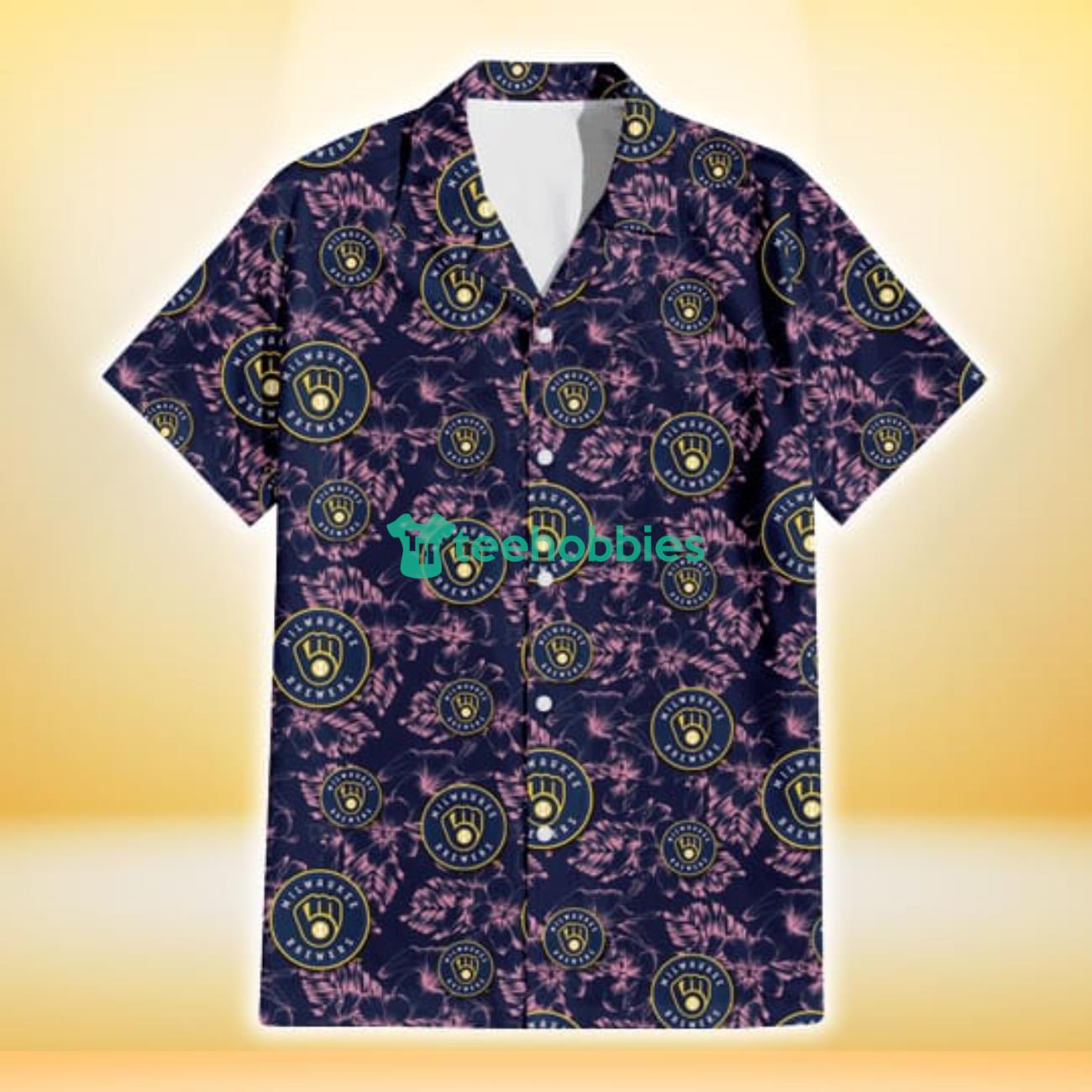 Milwaukee Brewers Thistle Sketch Hibiscus Dark Slate Blue Background 3D Hawaiian Shirt Gift For Fans Product Photo 2