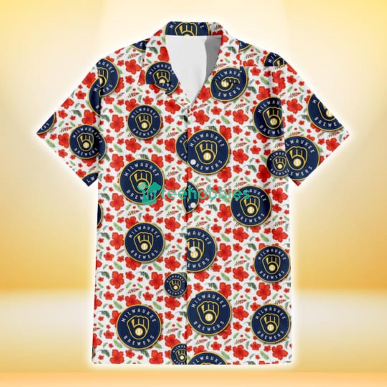Milwaukee Brewers Tiny Red Hibiscus Green Leaf White Cube Background 3D Hawaiian Shirt Gift For Fans Product Photo 2