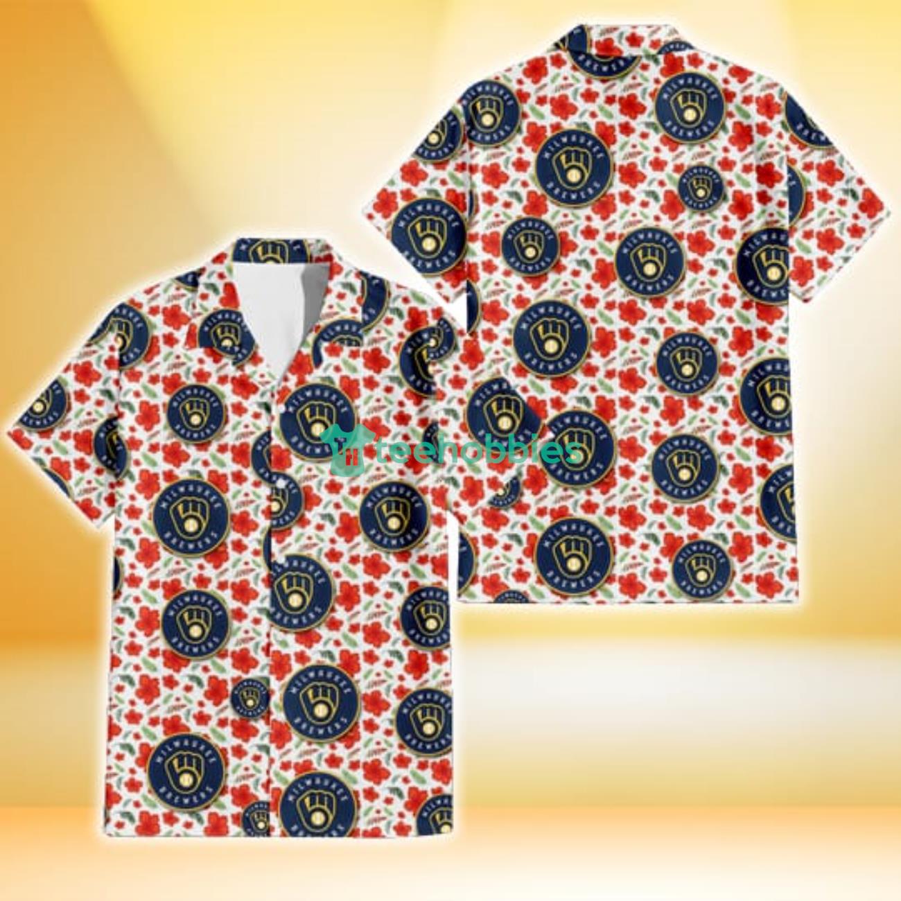 Milwaukee Brewers Tiny Red Hibiscus Green Leaf White Cube Background 3D Hawaiian Shirt Gift For Fans Product Photo 1