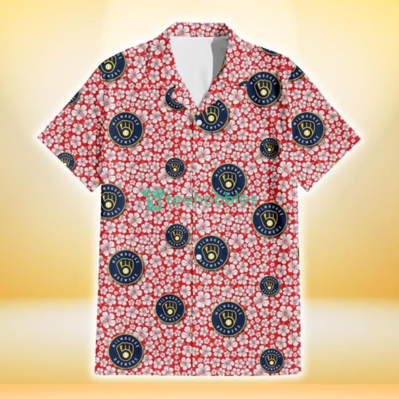 Milwaukee Brewers Tiny White Hibiscus Pattern Red Background 3D Hawaiian Shirt Gift For Fans Product Photo 2