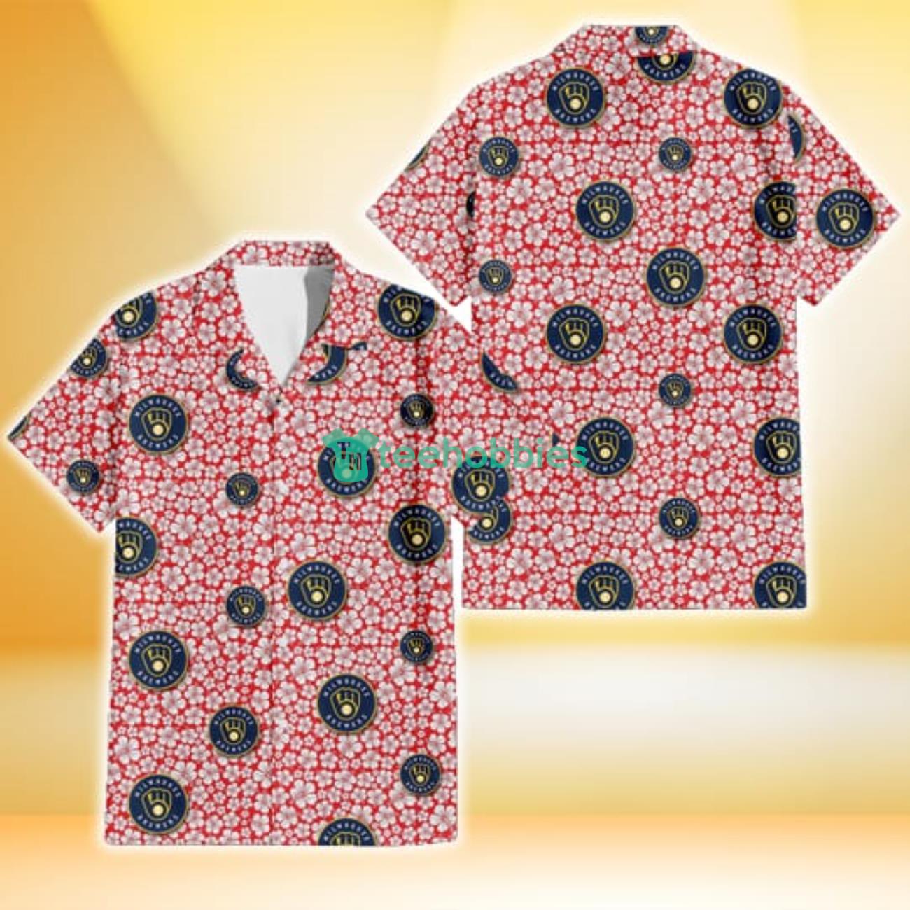 Milwaukee Brewers Tiny White Hibiscus Pattern Red Background 3D Hawaiian Shirt Gift For Fans Product Photo 1