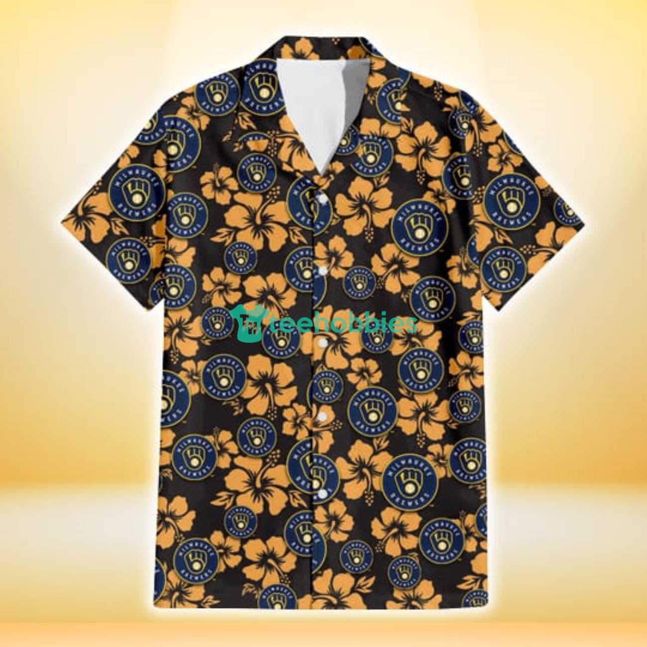 Milwaukee Brewers Tiny Yellow Hibiscus Black Background 3D Hawaiian Shirt Gift For Fans Product Photo 2