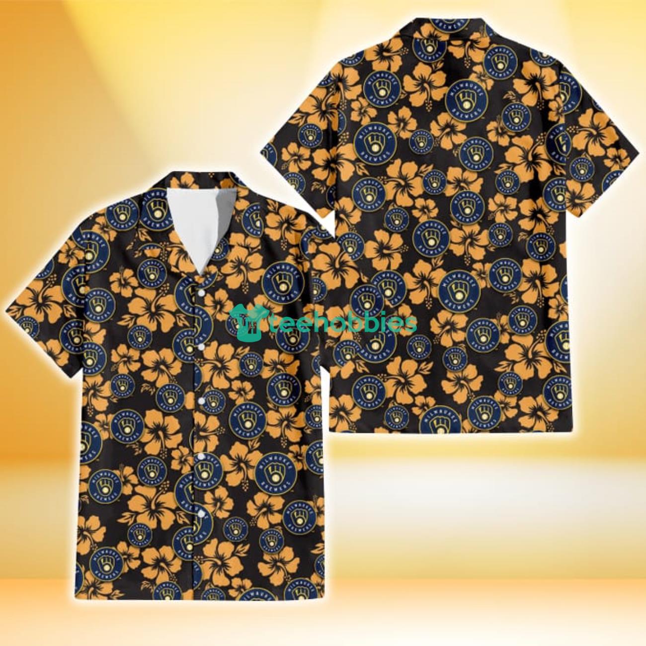 Milwaukee Brewers Tiny Yellow Hibiscus Black Background 3D Hawaiian Shirt Gift For Fans Product Photo 1