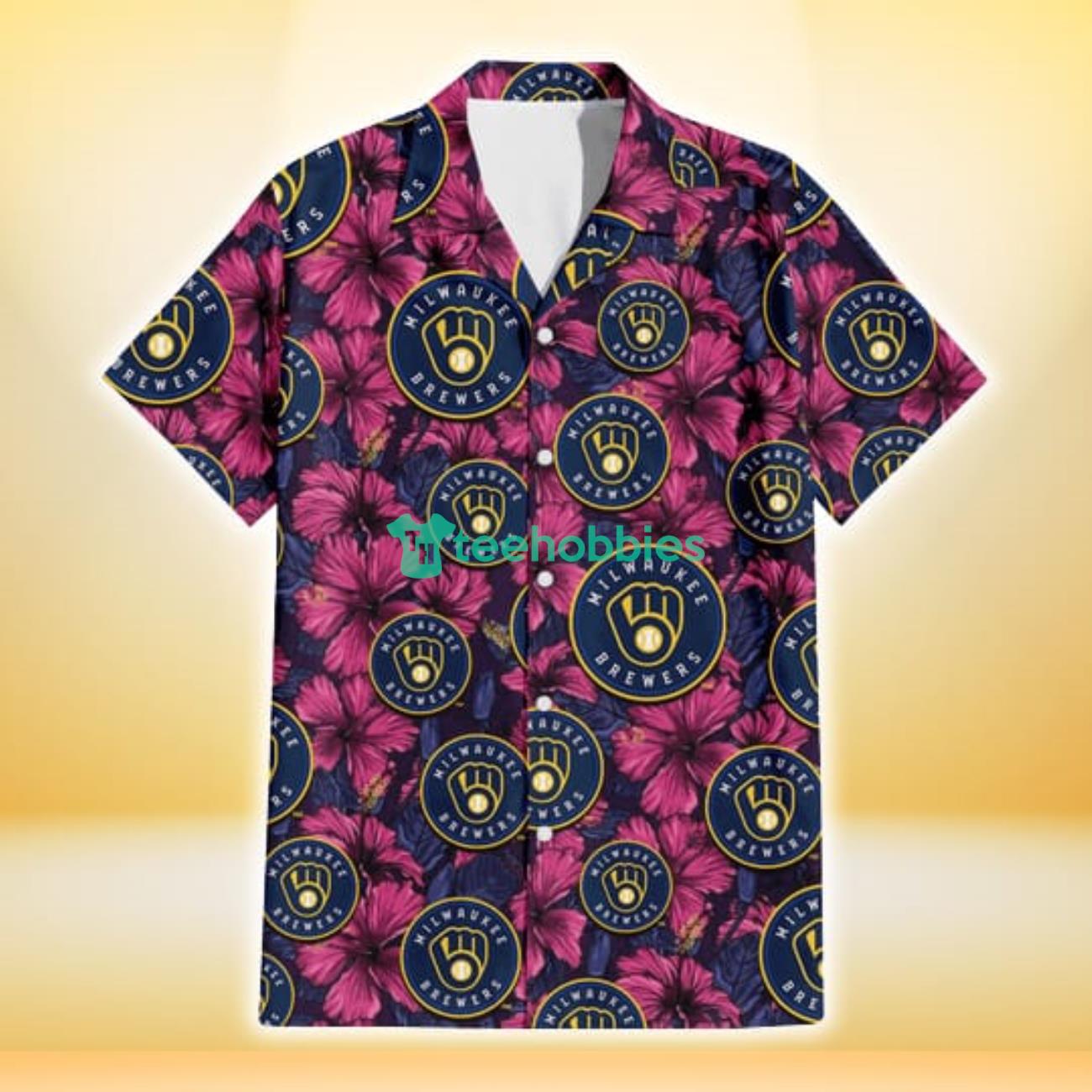 Milwaukee Brewers Violet Red Blue Leaf Black Background 3D Hawaiian Shirt Gift For Fans Product Photo 2