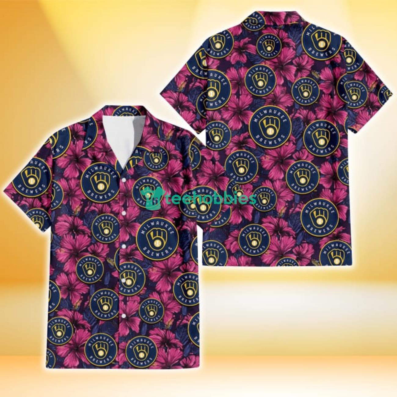 Milwaukee Brewers Violet Red Blue Leaf Black Background 3D Hawaiian Shirt Gift For Fans Product Photo 1