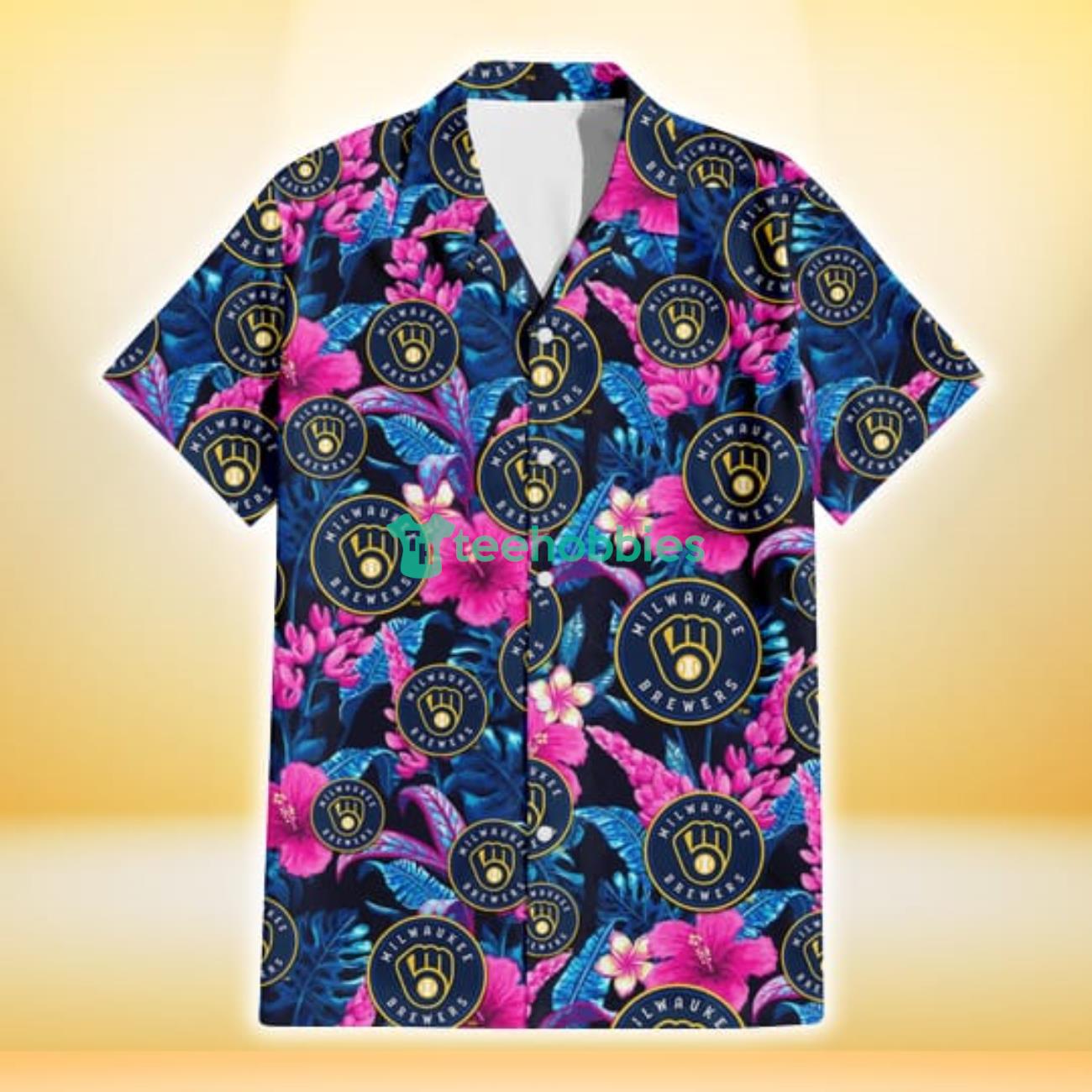 Milwaukee Brewers Violet Red Hibiscus Blue Leaf Black Background 3D Hawaiian Shirt Gift For Fans Product Photo 2