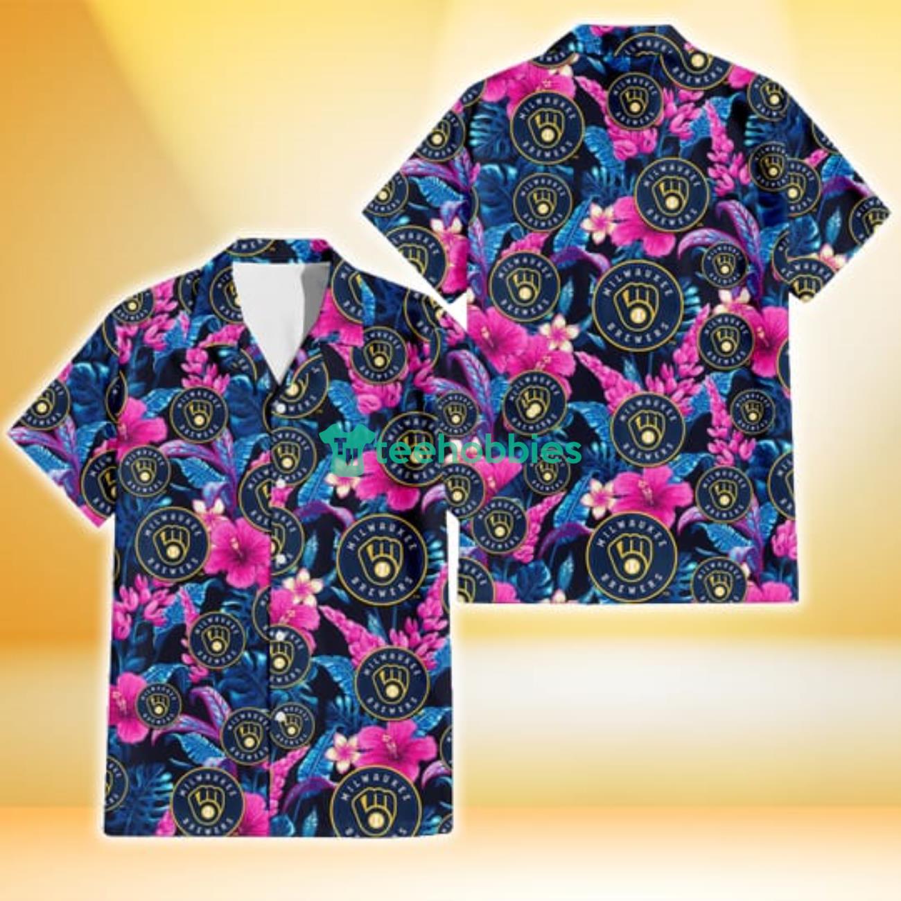 Milwaukee Brewers Violet Red Hibiscus Blue Leaf Black Background 3D Hawaiian Shirt Gift For Fans Product Photo 1