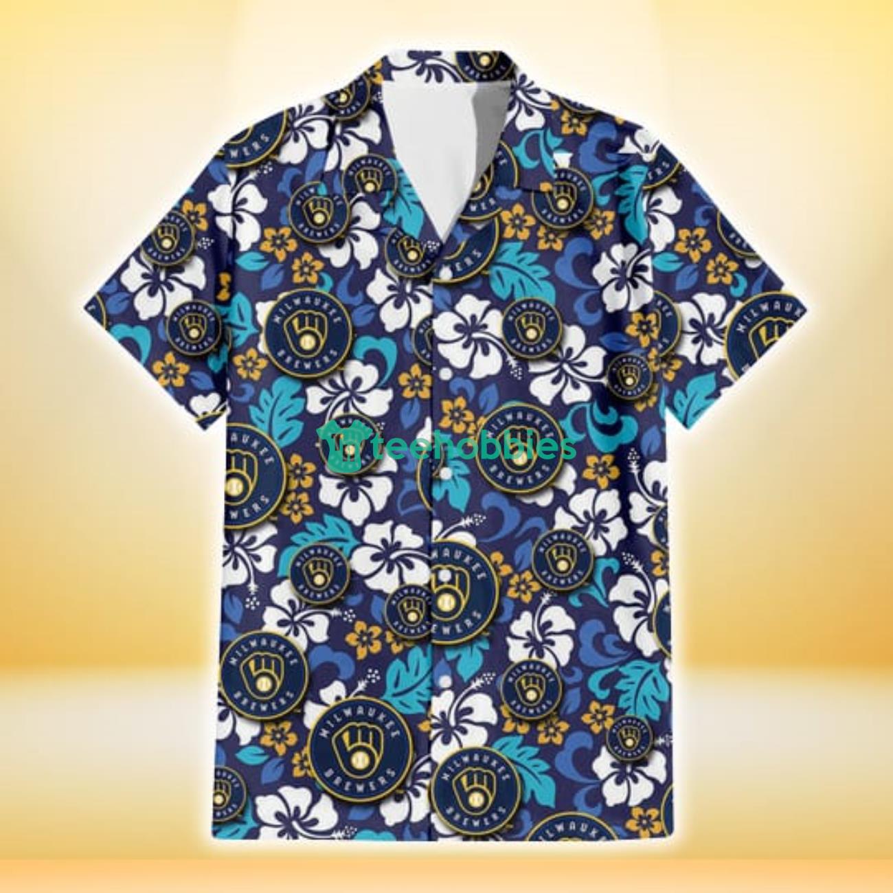 Milwaukee Brewers White Hibiscus Ceramic Style Navy Background 3D Hawaiian Shirt Gift For Fans Product Photo 2