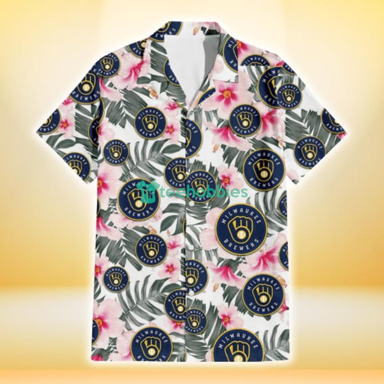 Milwaukee Brewers White Hibiscus Green Leaf White Background 3D Hawaiian Shirt Gift For Fans Product Photo 2