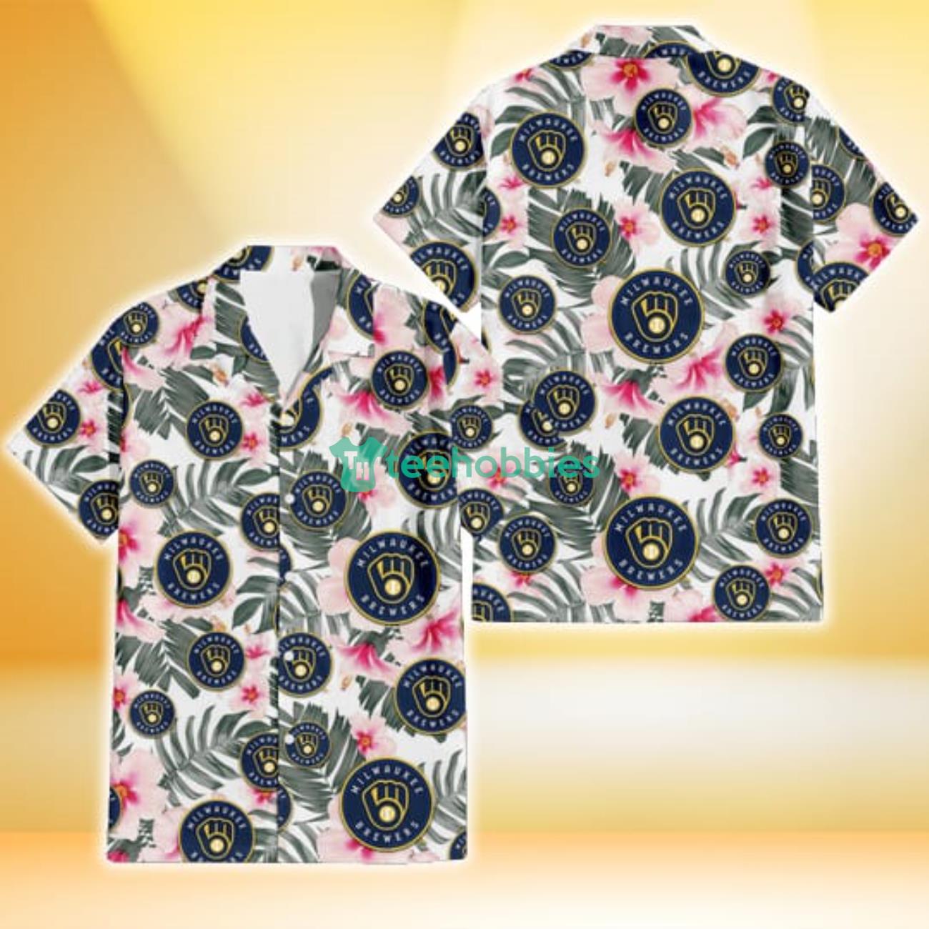 Milwaukee Brewers White Hibiscus Green Leaf White Background 3D Hawaiian Shirt Gift For Fans Product Photo 1