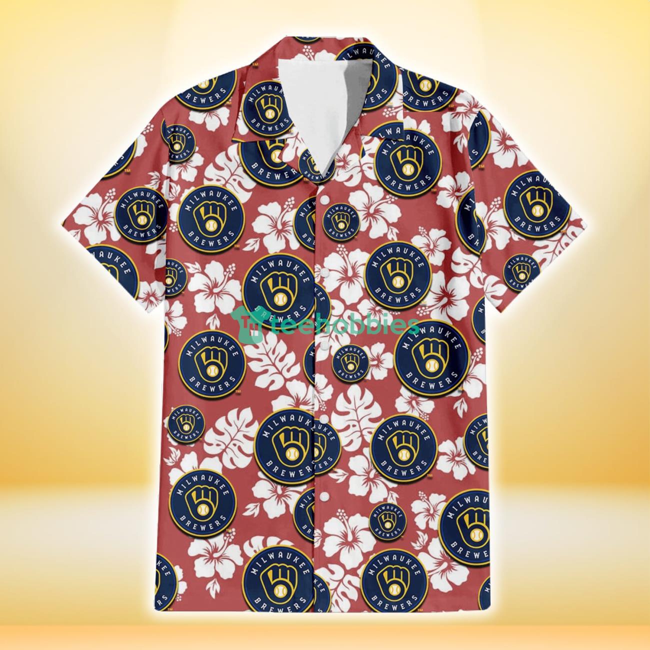 Milwaukee Brewers White Hibiscus Indian Red Background 3D Hawaiian Shirt Gift For Fans Product Photo 2