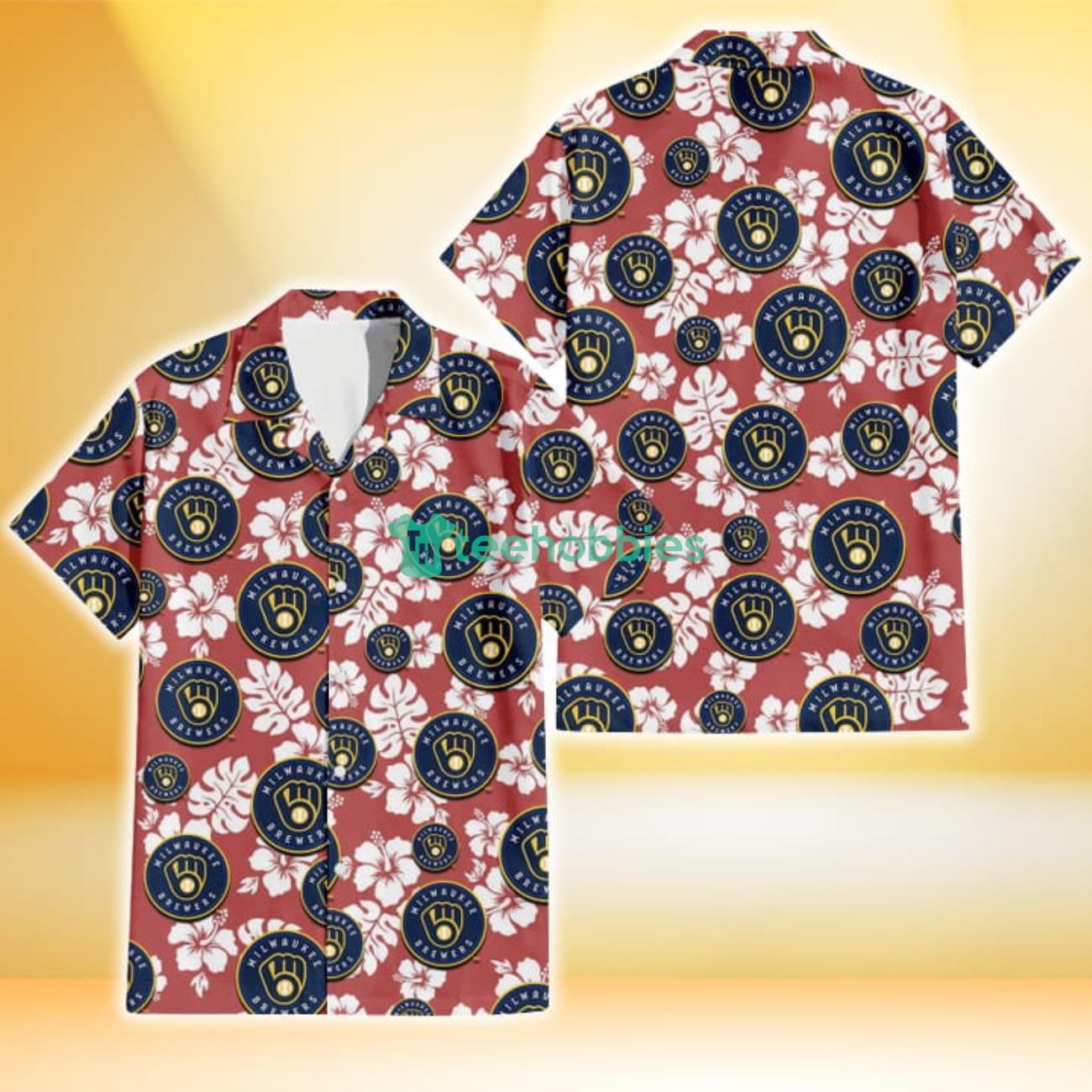 Milwaukee Brewers Modern White Hibiscus Navy Background 3D Hawaiian Shirt  Gift For Fans