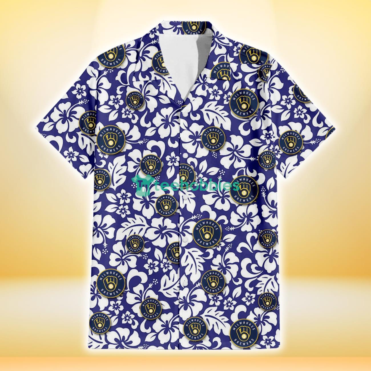 Milwaukee Brewers White Hibiscus Pattern Slate Blue Background 3D Hawaiian Shirt Gift For Fans Product Photo 2