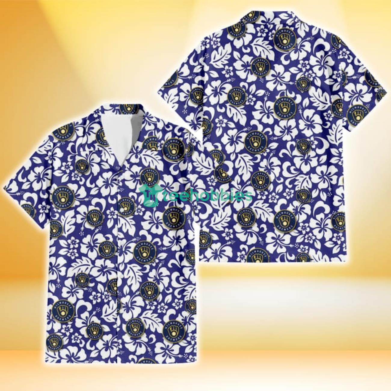 Milwaukee Brewers White Hibiscus Pattern Slate Blue Background 3D Hawaiian Shirt Gift For Fans Product Photo 1