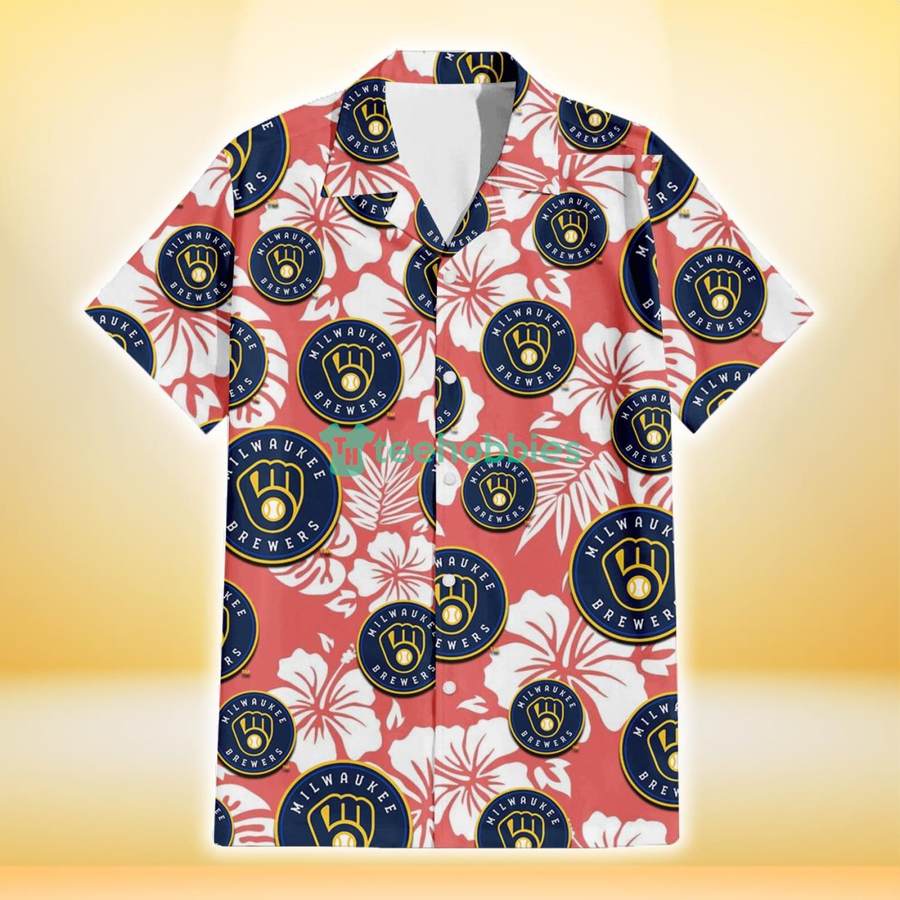 Milwaukee Brewers White Hibiscus Salmon Background 3D Hawaiian Shirt Gift For Fans Product Photo 2