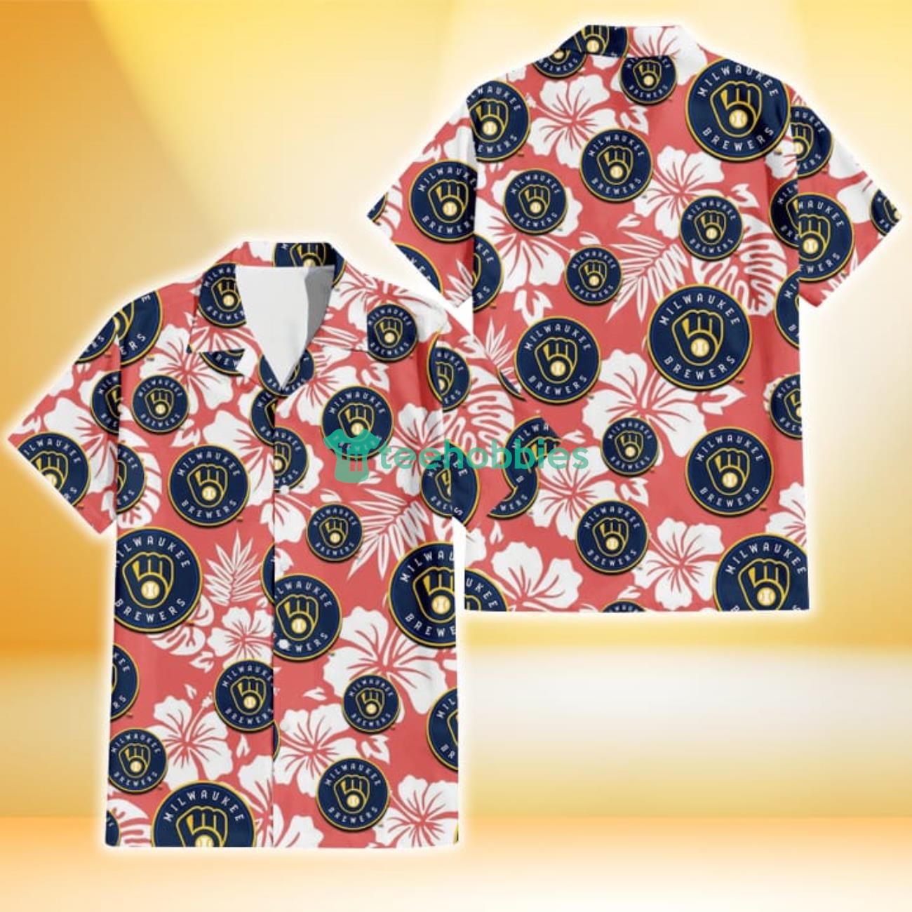 Milwaukee Brewers White Hibiscus Salmon Background 3D Hawaiian Shirt Gift For Fans Product Photo 1