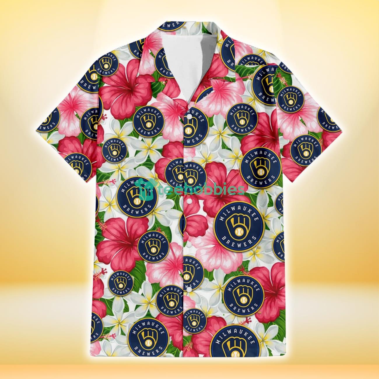 Milwaukee Brewers White Porcelain Flower Pink Hibiscus White Background 3D Hawaiian Shirt Gift For Fans Product Photo 2