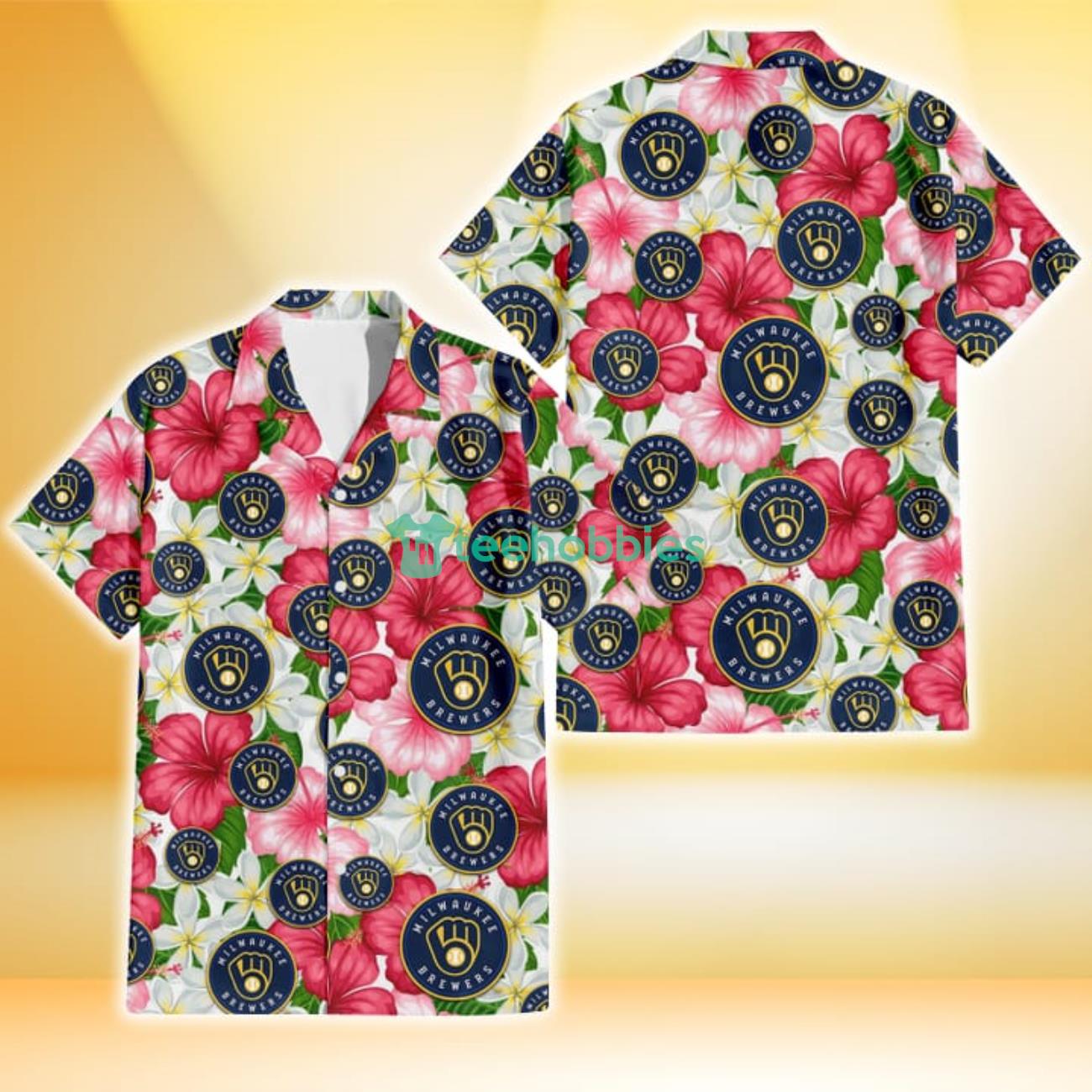 Milwaukee Brewers White Porcelain Flower Pink Hibiscus White Background 3D Hawaiian Shirt Gift For Fans Product Photo 1