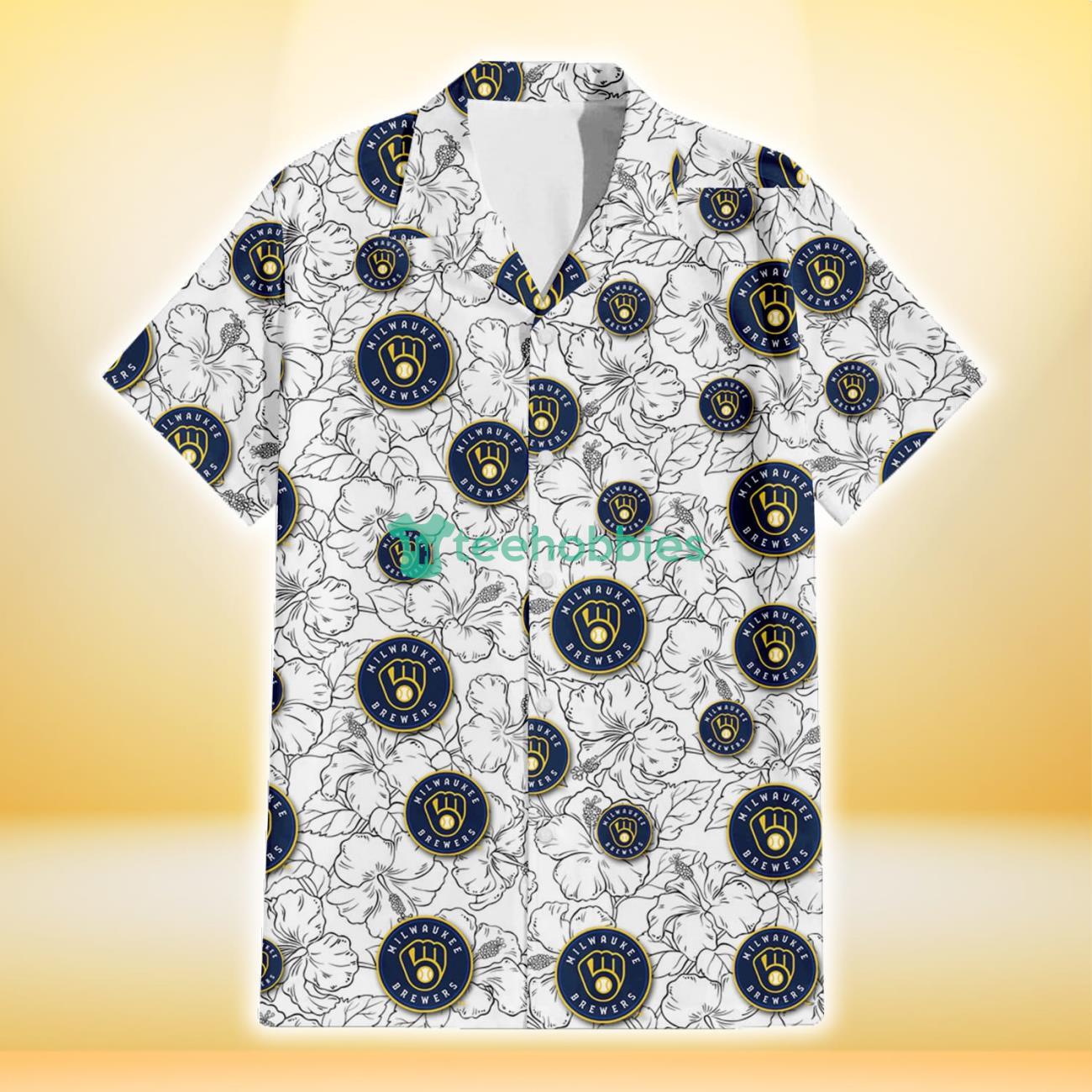 Milwaukee Brewers White Sketch Hibiscus Pattern White Background 3D Hawaiian Shirt Gift For Fans Product Photo 2