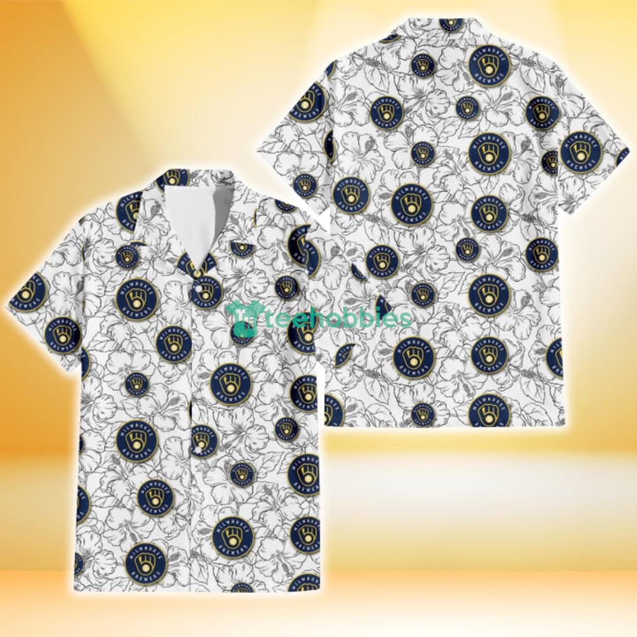 Milwaukee Brewers White Sketch Hibiscus Pattern White Background 3D Hawaiian Shirt Gift For Fans Product Photo 1