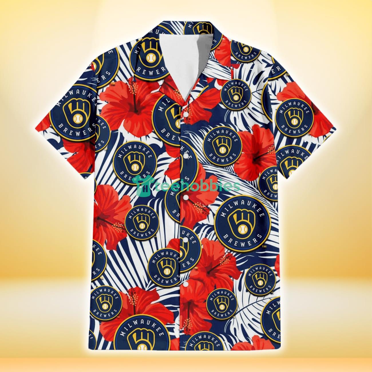 Milwaukee Brewers White Tropical Leaf Red Hibiscus Navy Background 3D Hawaiian Shirt Gift For Fans Product Photo 2