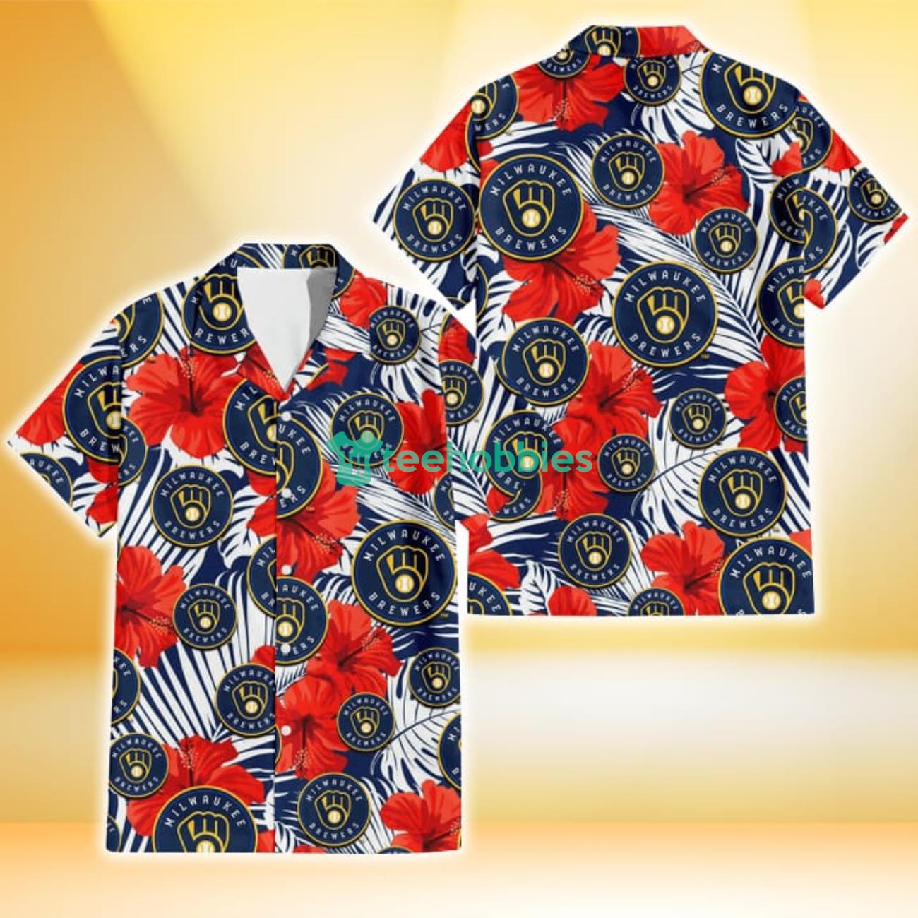 Milwaukee Brewers White Tropical Leaf Red Hibiscus Navy Background 3D Hawaiian Shirt Gift For Fans Product Photo 1