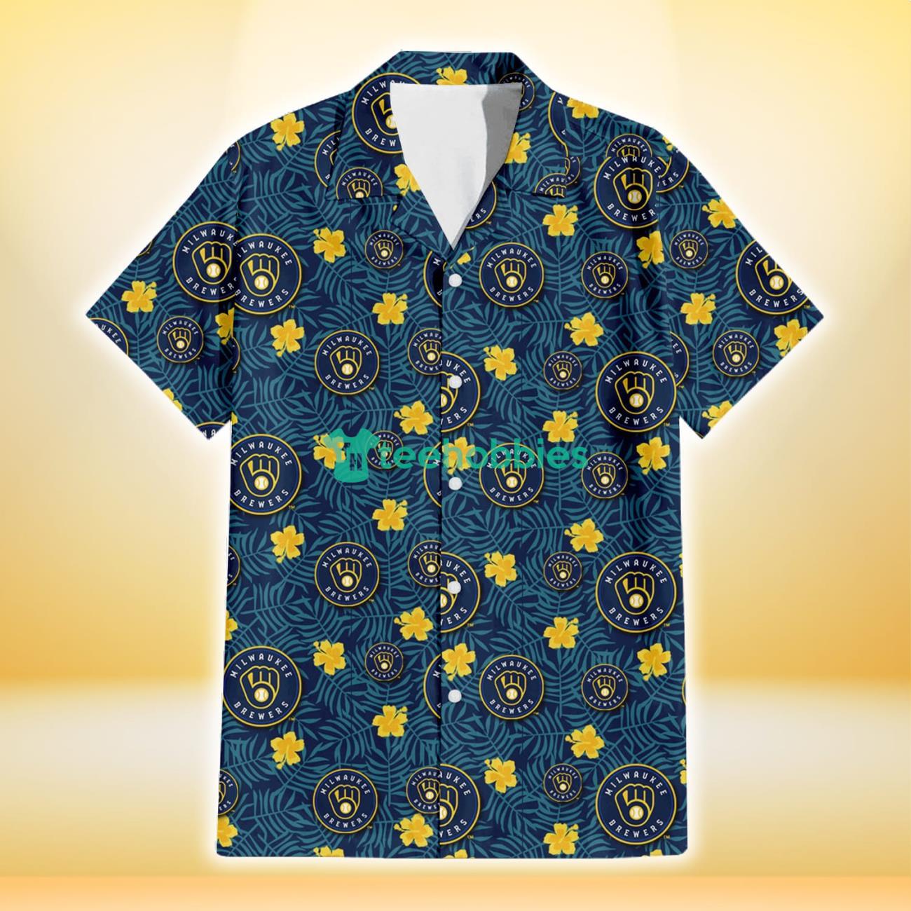 Milwaukee Brewers Yellow Hibiscus Cadet Blue Leaf Navy Background 3D Hawaiian Shirt Gift For Fans Product Photo 2