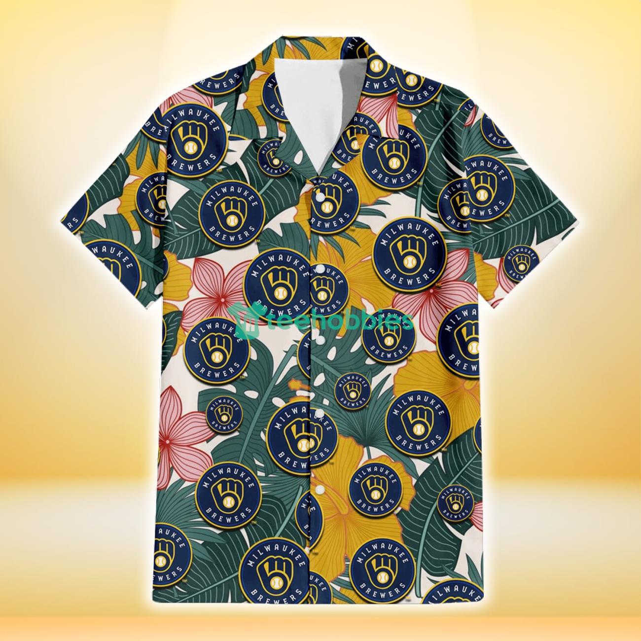 Milwaukee Brewers Yellow Hibiscus Green Banana Leaf Pink Porcelain Flower 3D Hawaiian Shirt Gift For Fans Product Photo 2