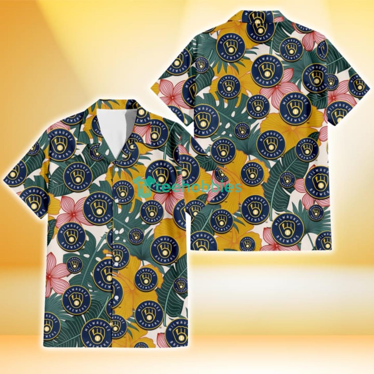 Milwaukee Brewers Yellow Hibiscus Green Banana Leaf Pink Porcelain Flower 3D Hawaiian Shirt Gift For Fans Product Photo 1