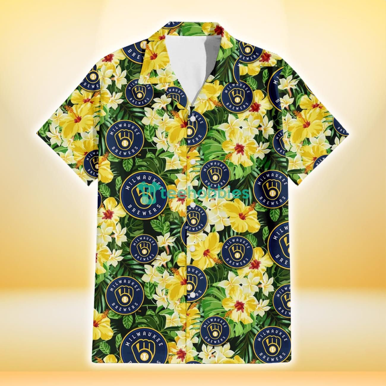 Milwaukee Brewers Yellow Hibiscus Tropical Green Leaf Black Background 3D Hawaiian Shirt Gift For Fans Product Photo 2