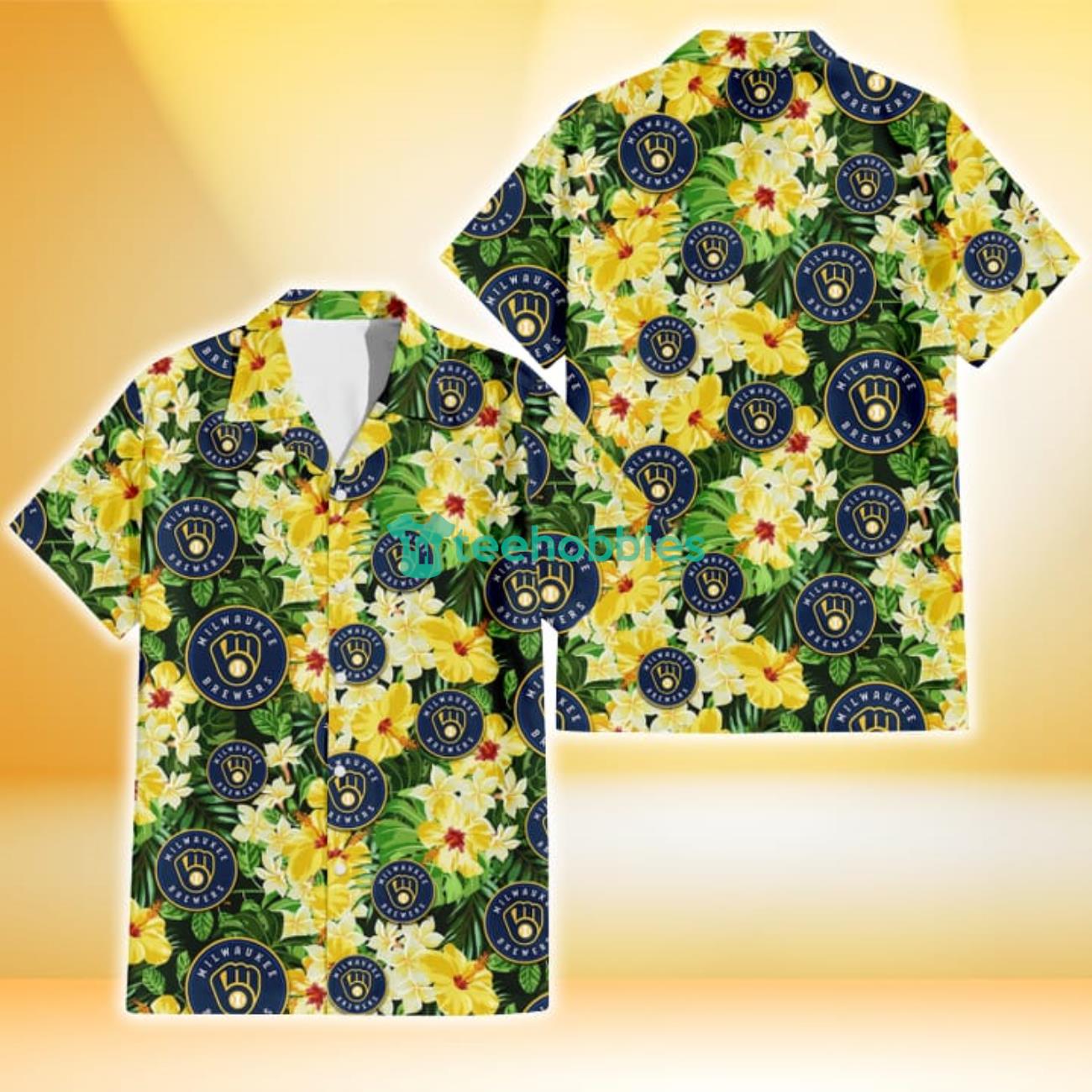 Milwaukee Brewers Yellow Hibiscus Tropical Green Leaf Black Background 3D Hawaiian Shirt Gift For Fans Product Photo 1