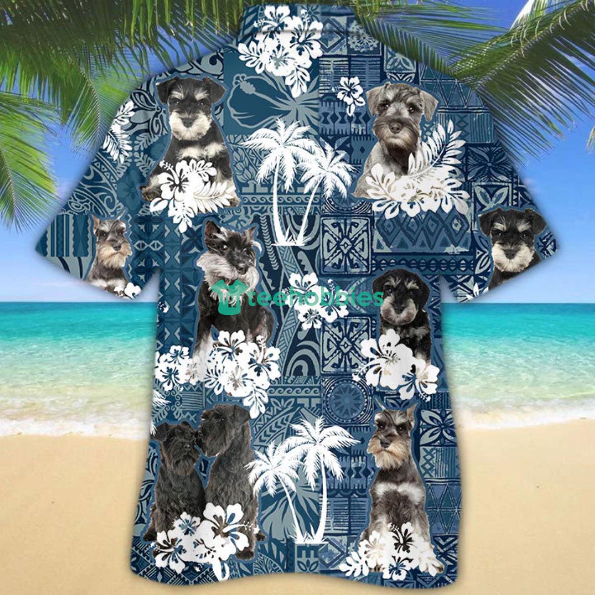 Miniature Schnauzer Hawaiian Tropical Plants Pattern Blue And White All Over Printed 3D Hawaiian Shirt For Men Women Product Photo 2