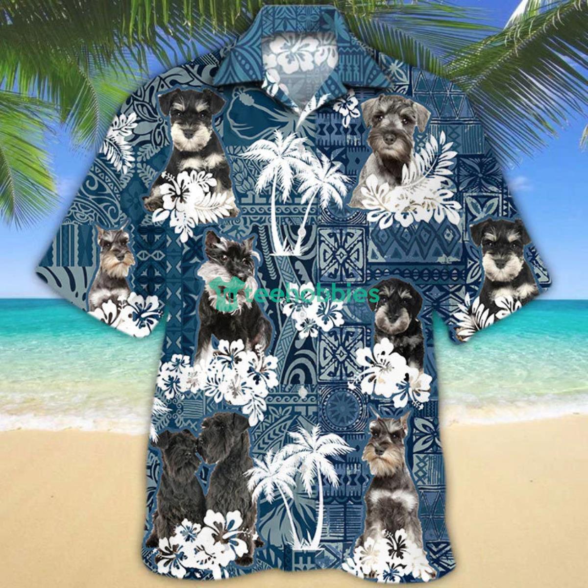 Miniature Schnauzer Hawaiian Tropical Plants Pattern Blue And White All Over Printed 3D Hawaiian Shirt For Men Women Product Photo 1