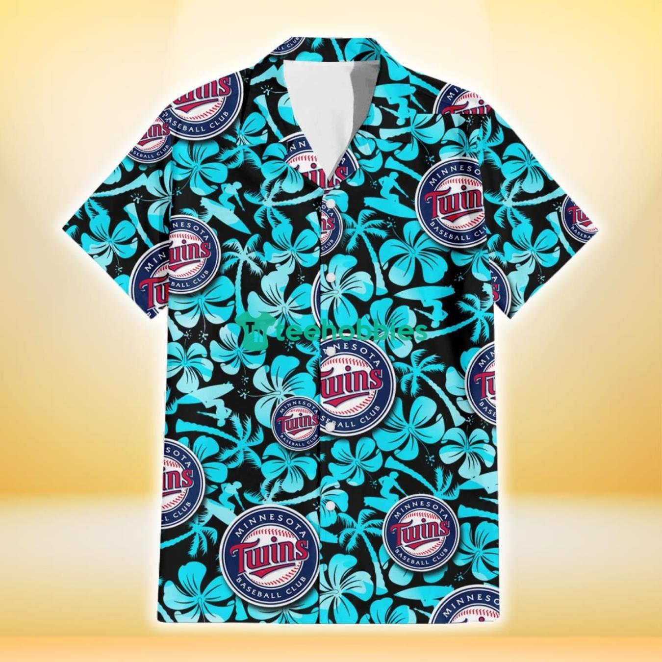 Minnesota Twins Blue Hibiscus Blue Coconut Tree Black Background 3D Hawaiian Shirt Gift For Fans Product Photo 2