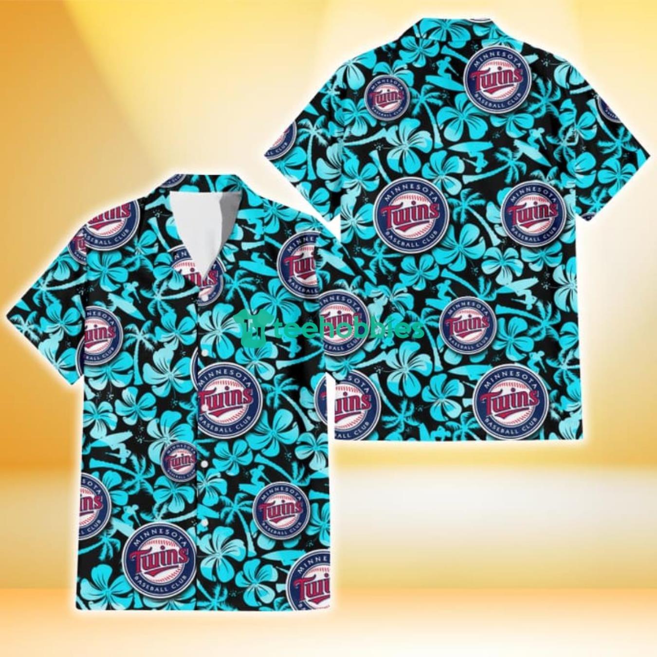 Minnesota Twins Blue Hibiscus Blue Coconut Tree Black Background 3D Hawaiian Shirt Gift For Fans Product Photo 1