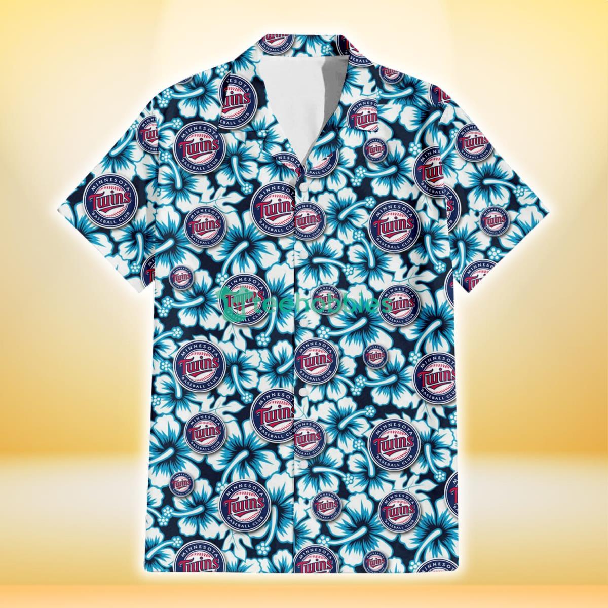 Minnesota Twins Blue Line White Hibiscus Black Background 3D Hawaiian Shirt Gift For Fans Product Photo 2