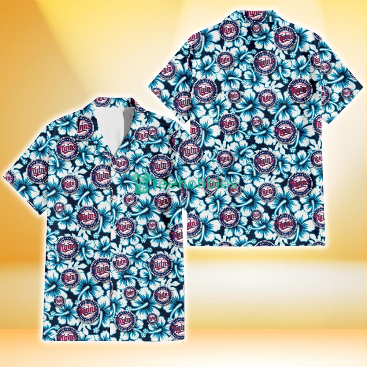 Minnesota Twins Blue Line White Hibiscus Black Background 3D Hawaiian Shirt Gift For Fans Product Photo 1