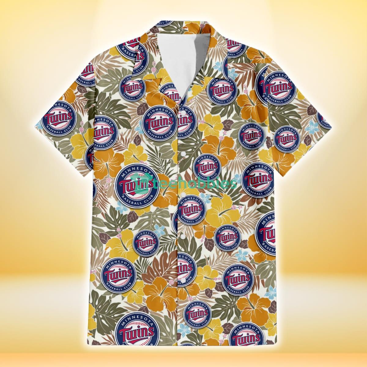Minnesota Twins Brown Yellow Hibiscus White Background 3D Hawaiian Shirt Gift For Fans Product Photo 2