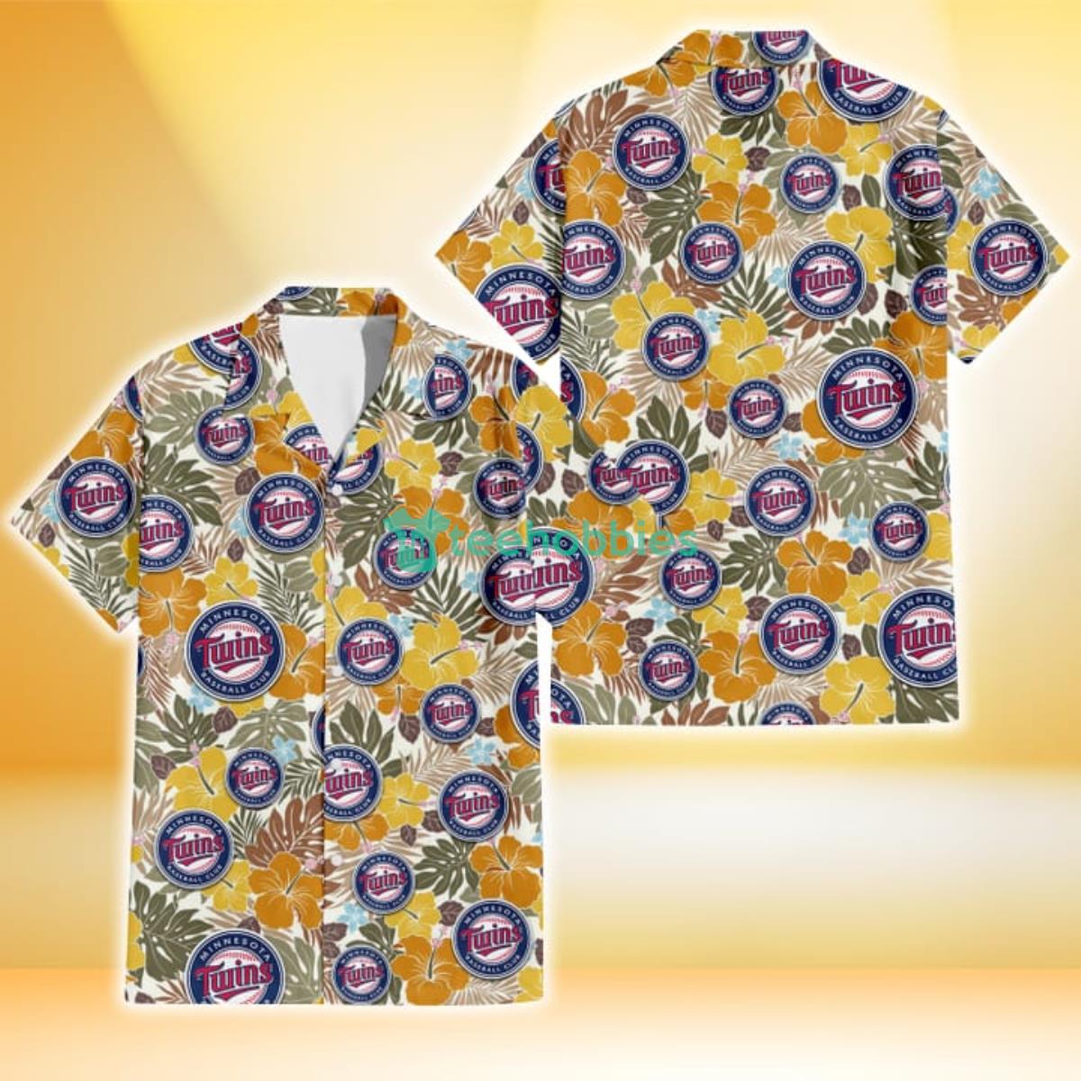 Minnesota Twins Brown Yellow Hibiscus White Background 3D Hawaiian Shirt Gift For Fans Product Photo 1