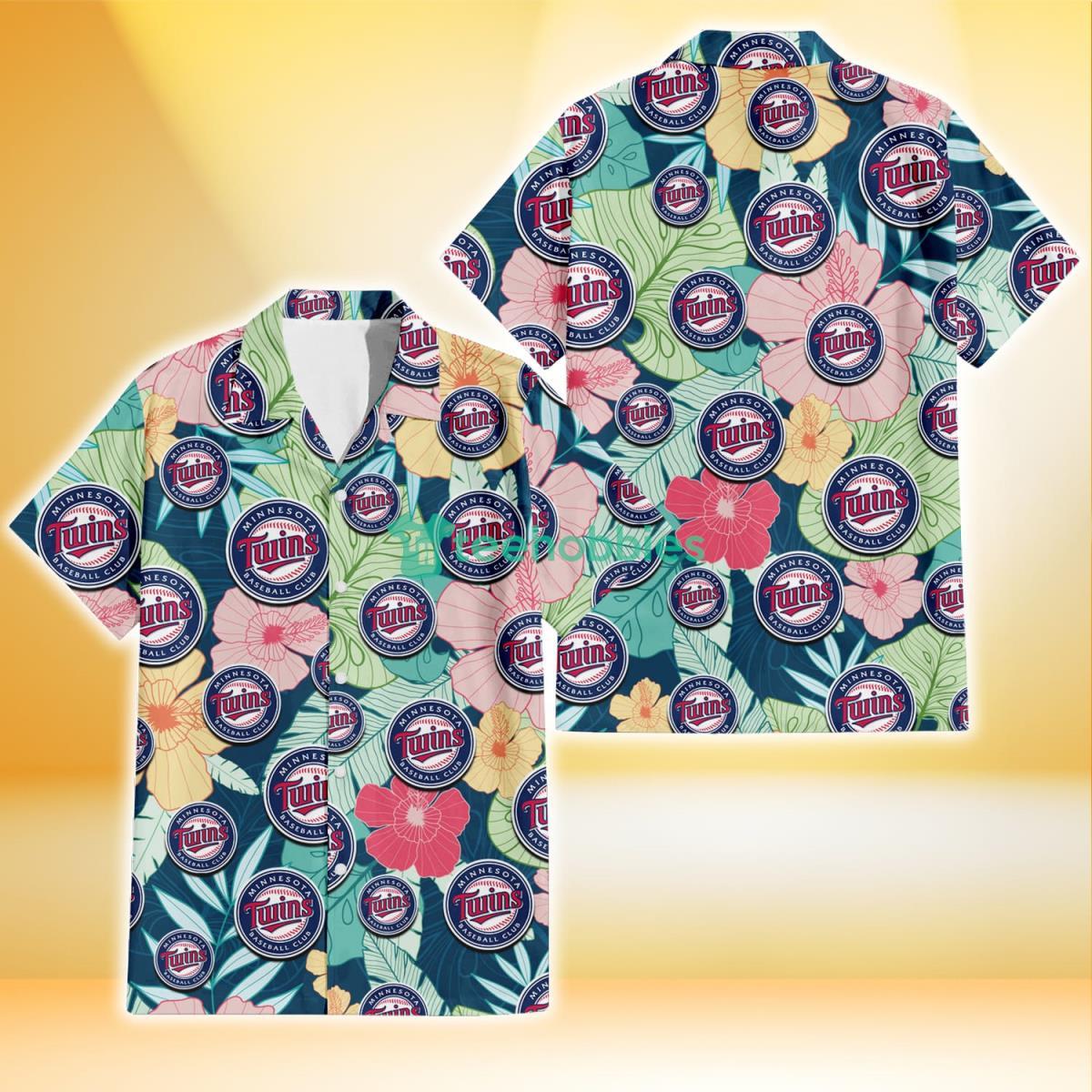 Minnesota Twins Colorful Sketch Hibiscus Dark Green Background 3D Hawaiian Shirt Gift For Fans Product Photo 1