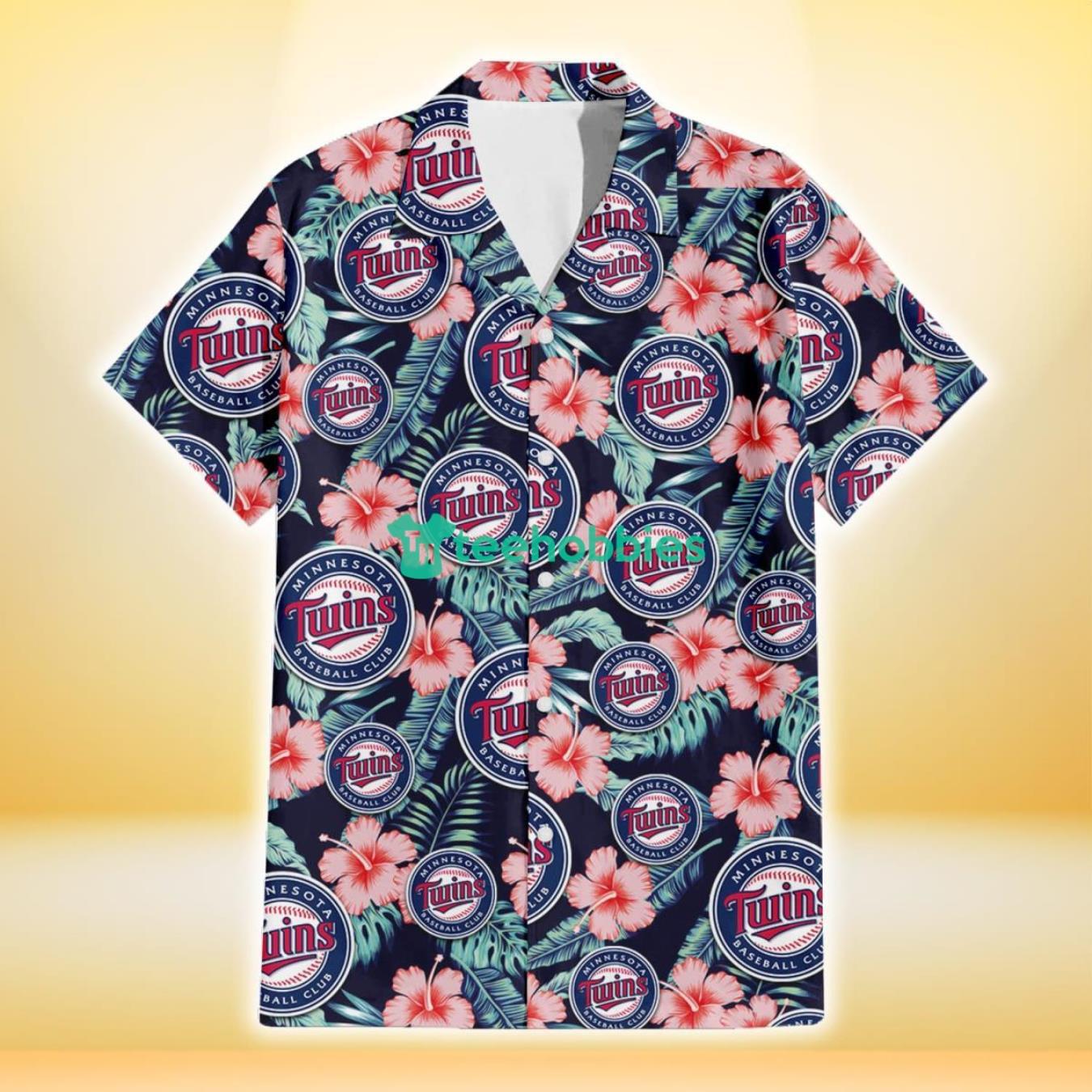 Minnesota Twins Coral Hibiscus Green Banana Leaf Black Background 3D Hawaiian Shirt Gift For Fans Product Photo 2
