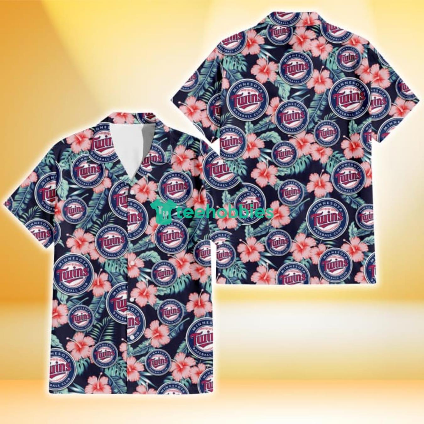 Minnesota Twins Coral Hibiscus Green Banana Leaf Black Background 3D Hawaiian Shirt Gift For Fans Product Photo 1