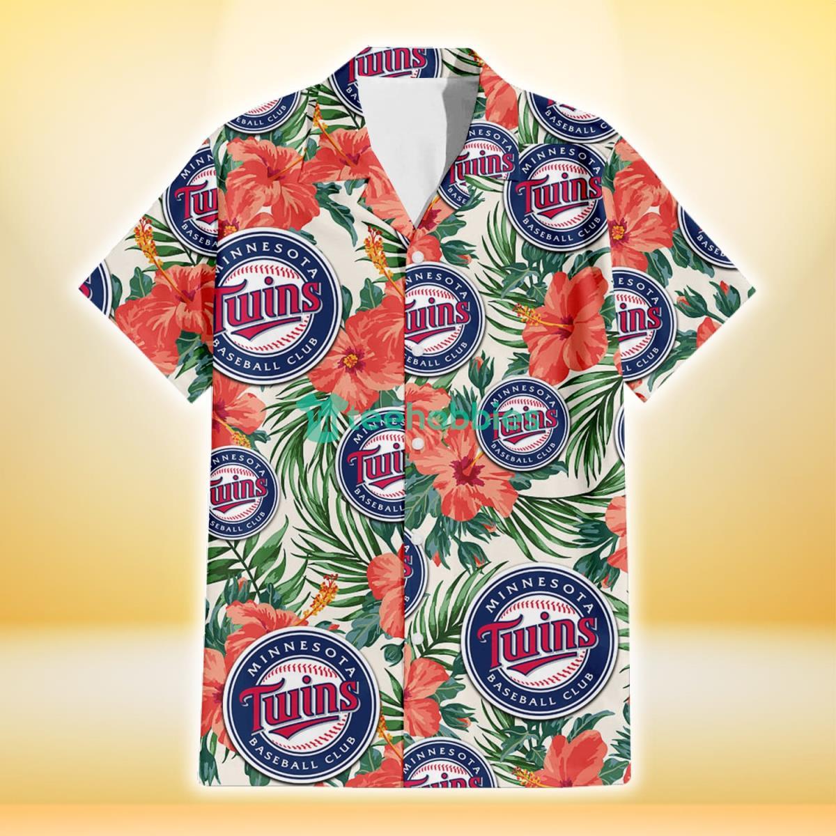 Minnesota Twins Coral Hibiscus Green Leaf Beige Background 3D Hawaiian Shirt Gift For Fans Product Photo 2