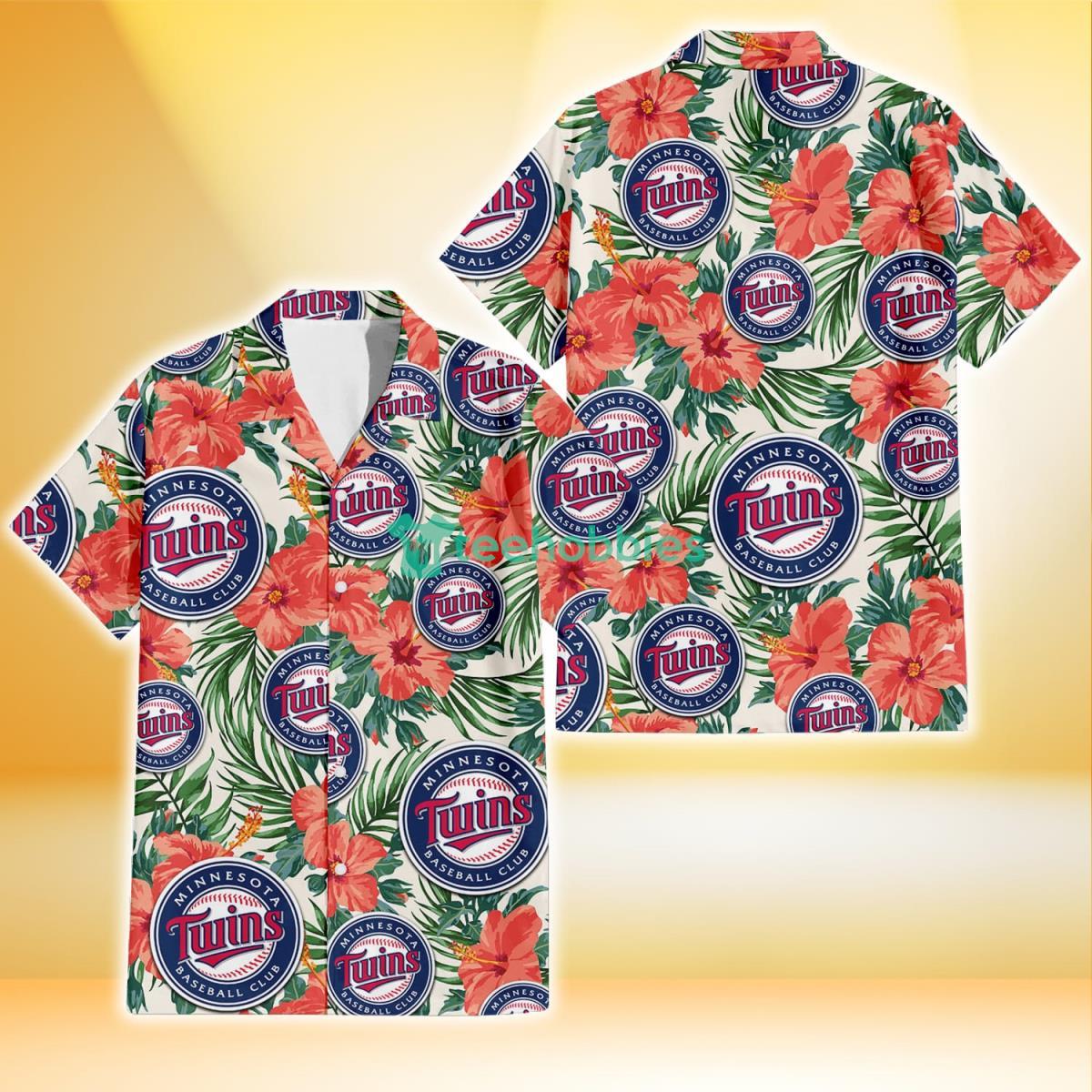 Minnesota Twins Coral Hibiscus Green Leaf Beige Background 3D Hawaiian Shirt Gift For Fans Product Photo 1