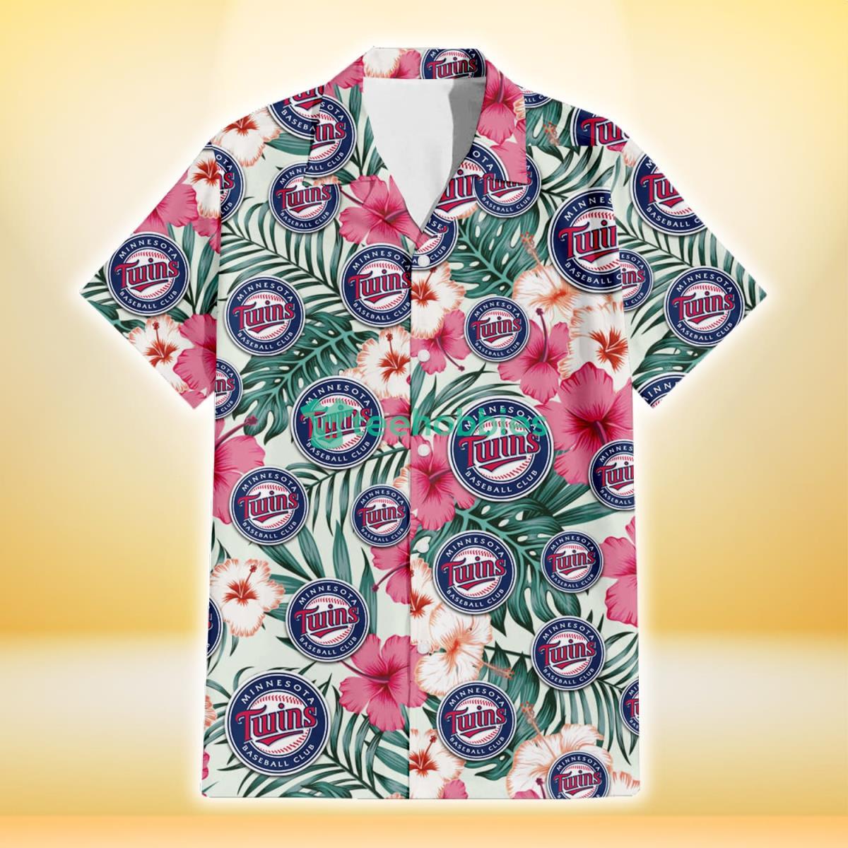 Minnesota Twins Coral Pink Hibiscus Green Leaf Beige Background 3D Hawaiian Shirt Gift For Fans Product Photo 2