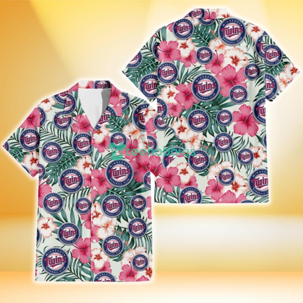 Minnesota Twins Coral Pink Hibiscus Green Leaf Beige Background 3D Hawaiian Shirt Gift For Fans Product Photo 1
