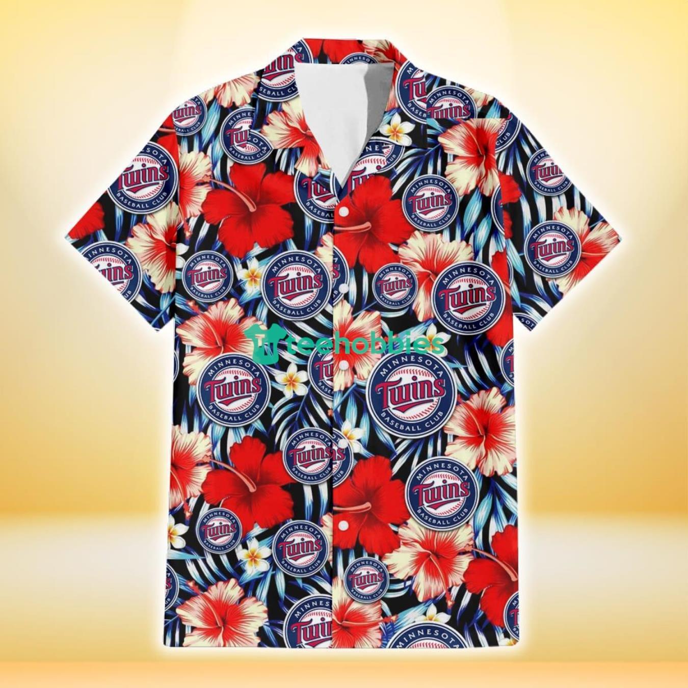 Minnesota Twins Coral Red Hibiscus Blue Palm Leaf Black Background 3D Hawaiian Shirt Gift For Fans Product Photo 2