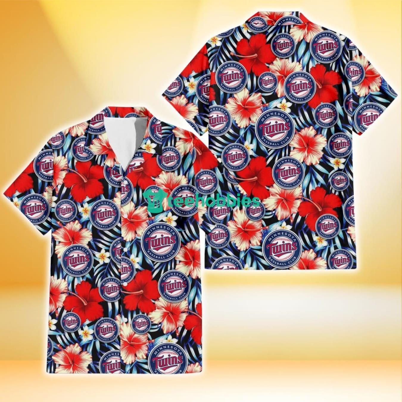 Minnesota Twins Coral Red Hibiscus Blue Palm Leaf Black Background 3D Hawaiian Shirt Gift For Fans Product Photo 1