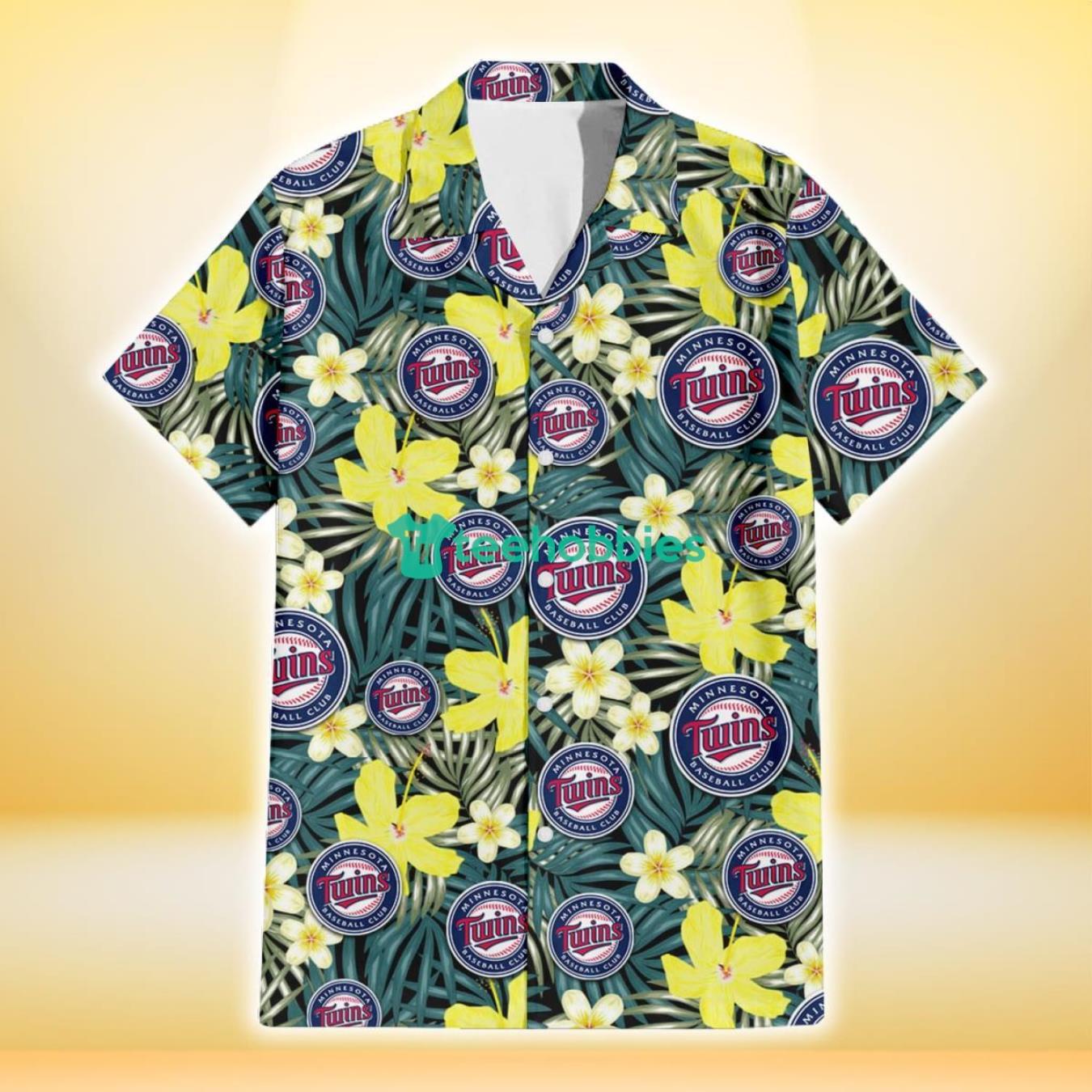 Minnesota Twins Hibiscus Green Palm Leaf Black Background 3D Hawaiian Shirt Gift For Fans Product Photo 2