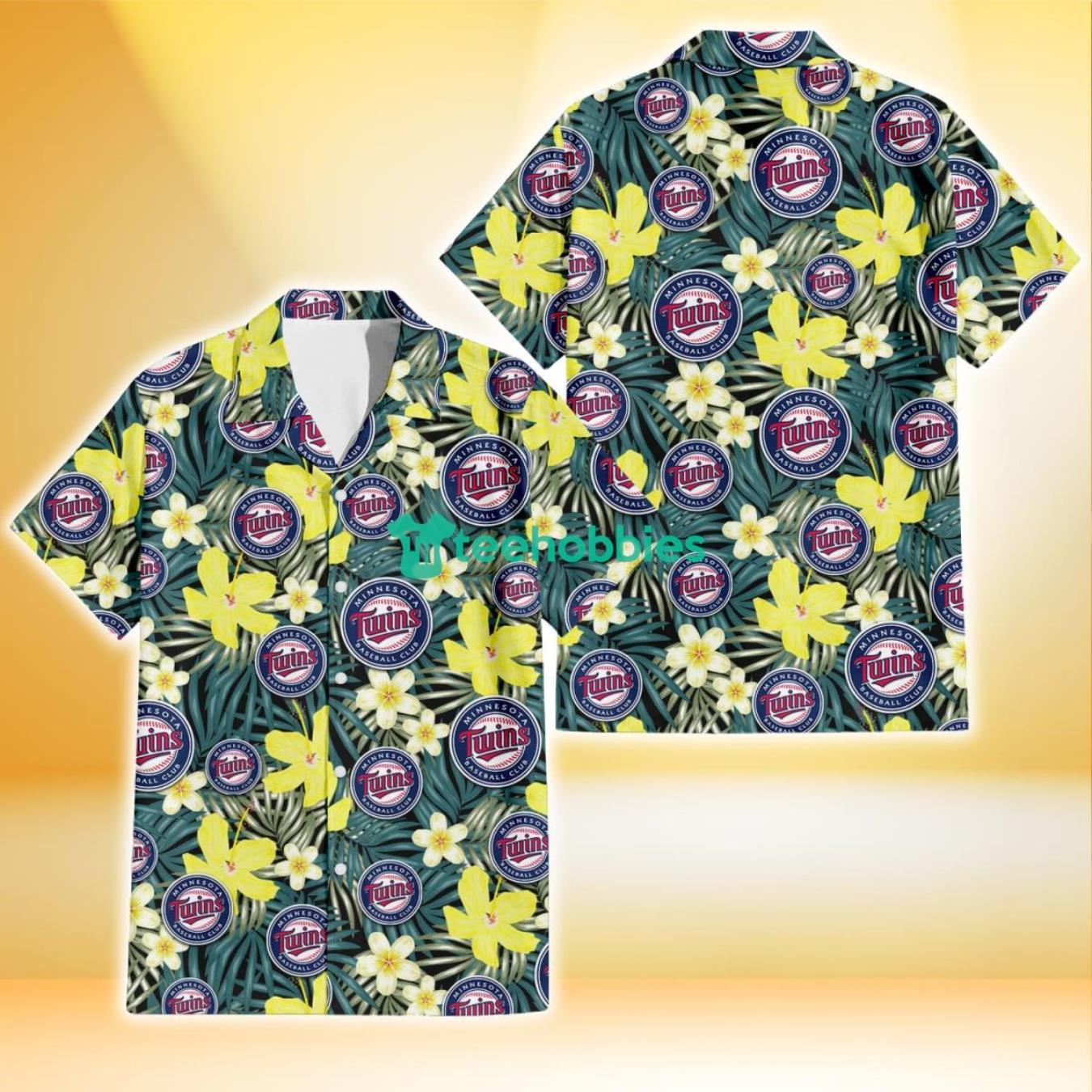 Minnesota Twins Hibiscus Green Palm Leaf Black Background 3D Hawaiian Shirt Gift For Fans Product Photo 1